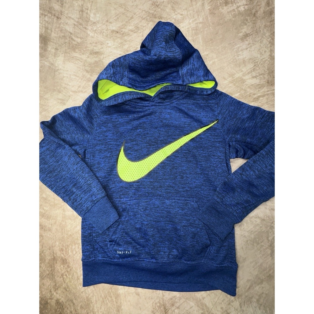 Nike Dri-FIT Boys Hoodie Blue Heather Neon Yellow Swoosh Pullover Large 6-7 YRS
